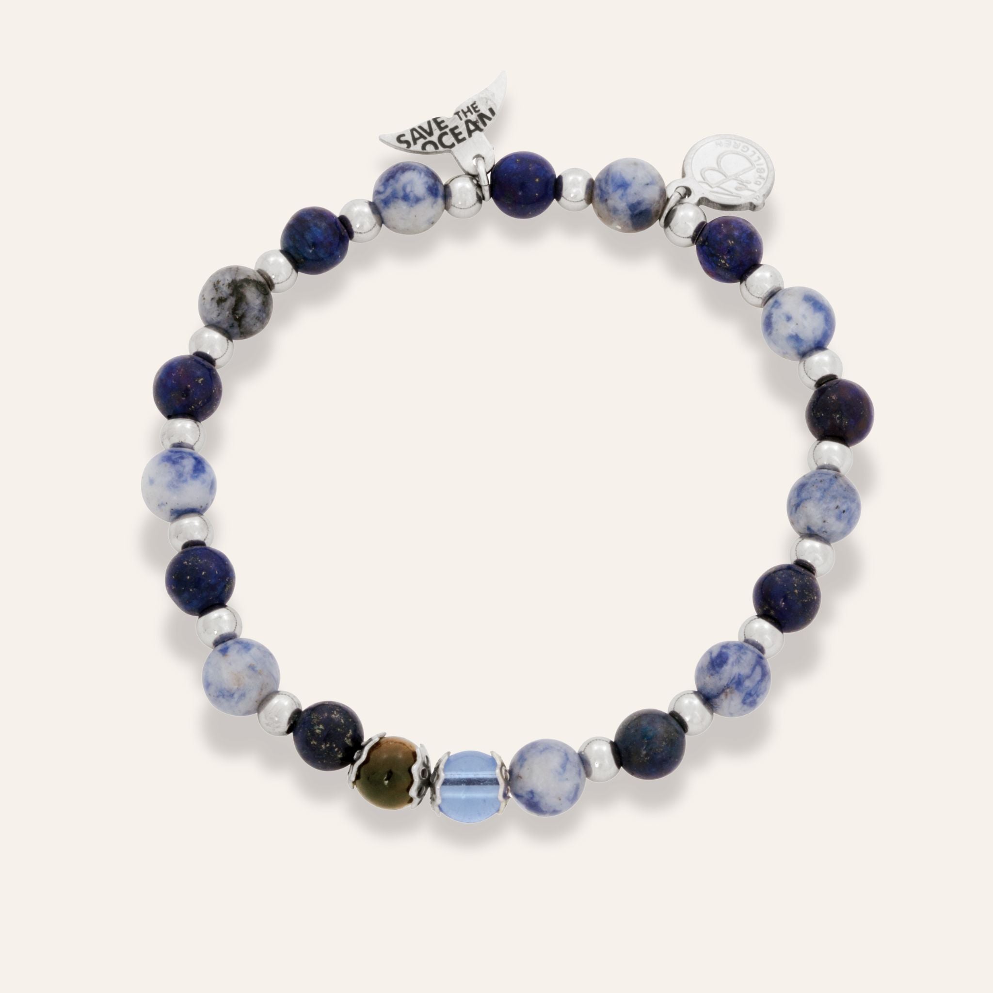 Save the ocean armband - blått med silvriga stålkulor